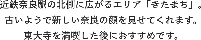 近鉄奈良駅の北側に広がるエリア「きたまち」。古いようで新しい奈良の顔を見せてくれます。東大寺を満喫した後におすすめです。