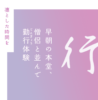 凛とした時間を 早朝の本堂、僧侶と並んで勤行体験